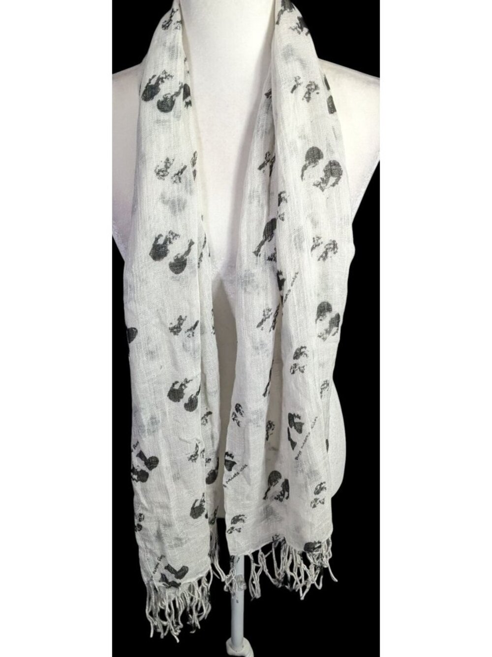 Boy Meets Girl Lightweight White Scarf With Black Silhouette Print & Fringe - Picture 3 of 8